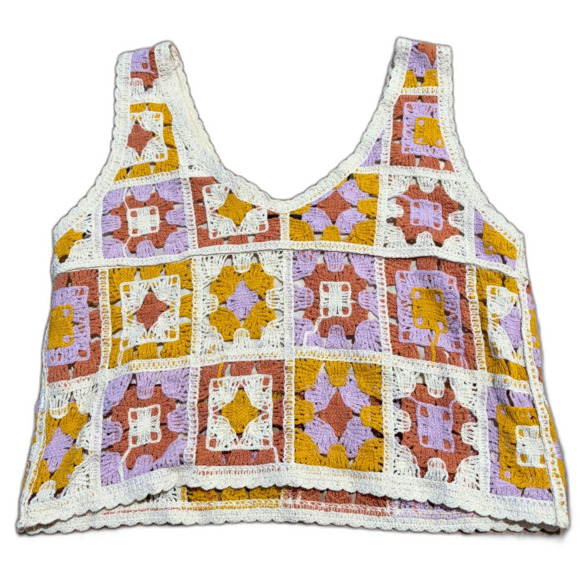 Rebellion Again Cropped Tank Top Crochet Knit Granny Square Patchwork XS Boho - Picture 1 of 5
